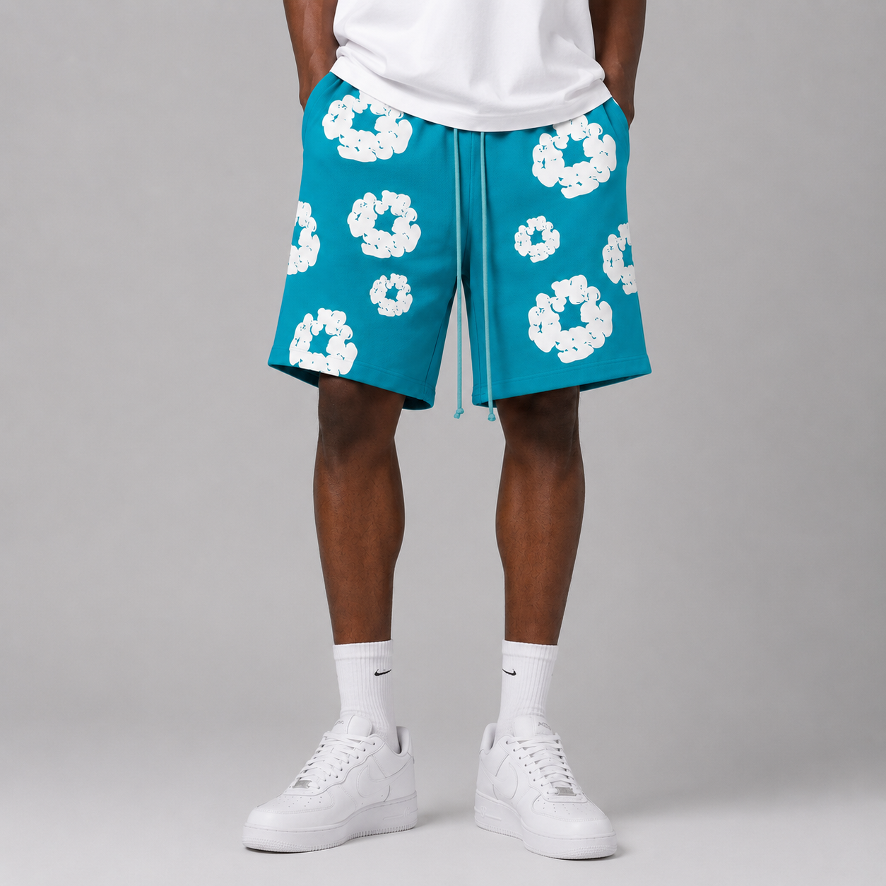 Teal White Puff Floral cotton shorts - back angle view