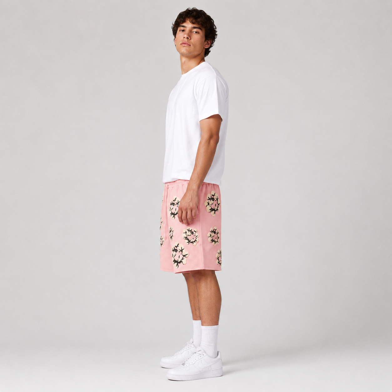 Pink Cream Floral cotton shorts - back angle view