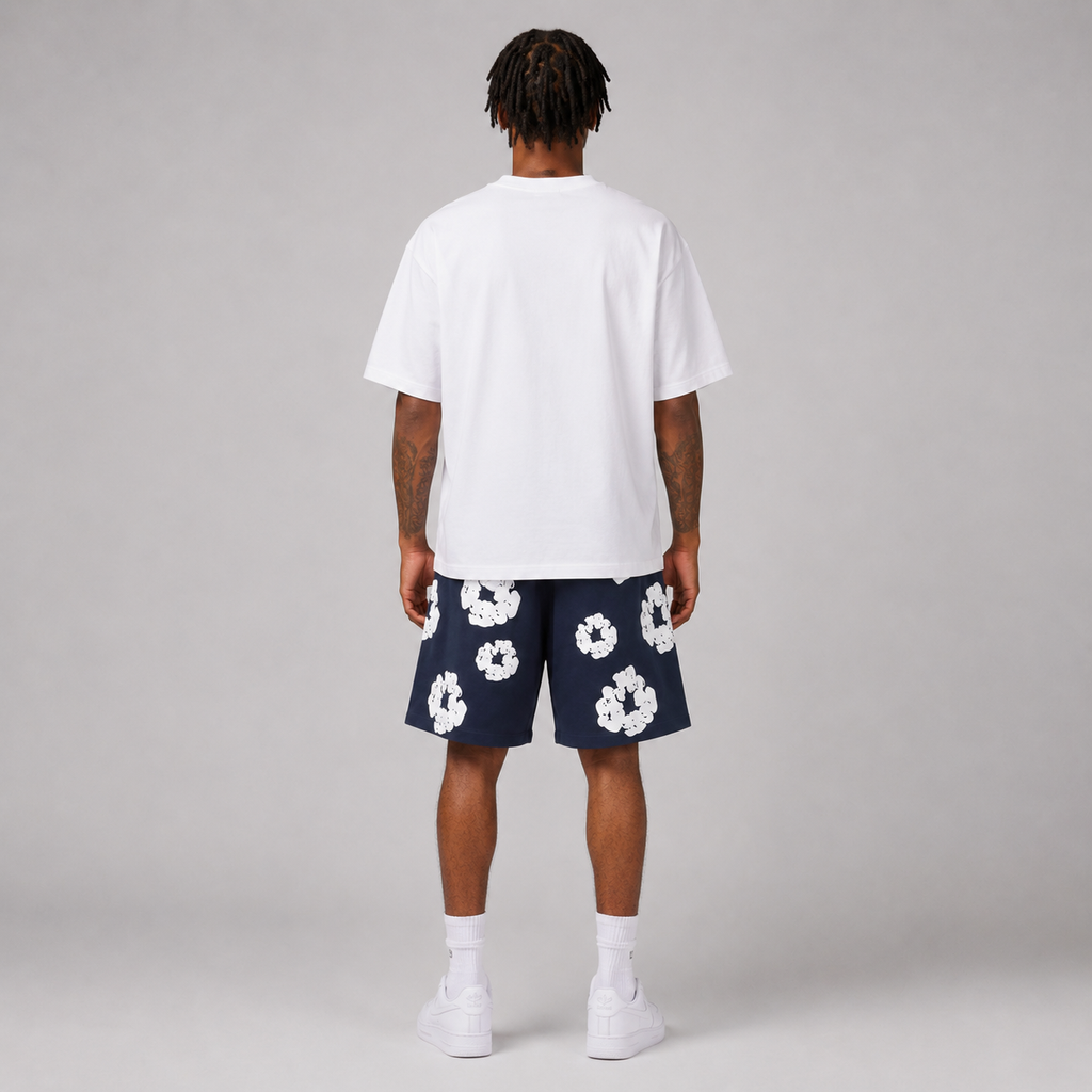 Navy White Puff Floral cotton shorts - detail view