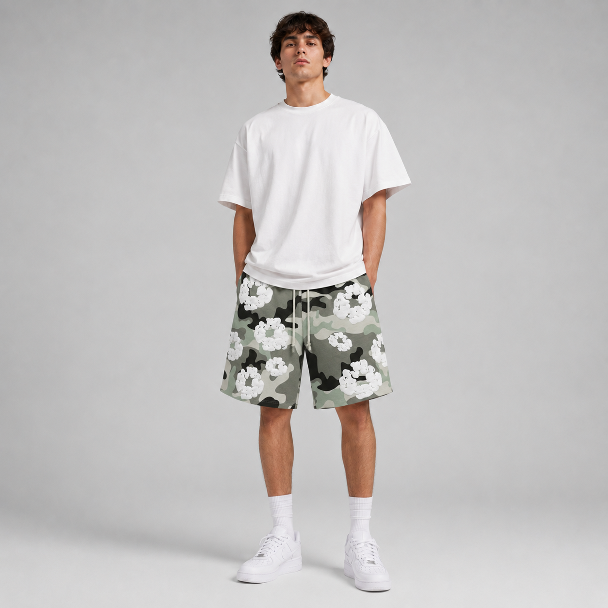 Grey Camo White Floral cotton shorts - front angle view