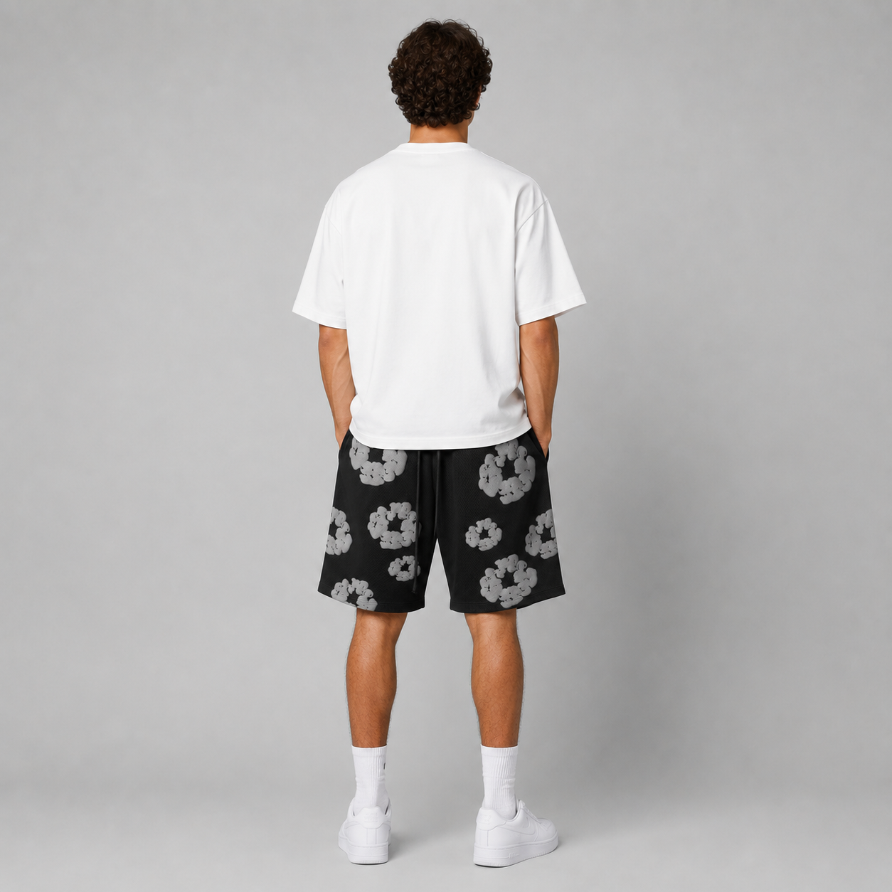 Black Grey Puff Floral cotton shorts - lifestyle view