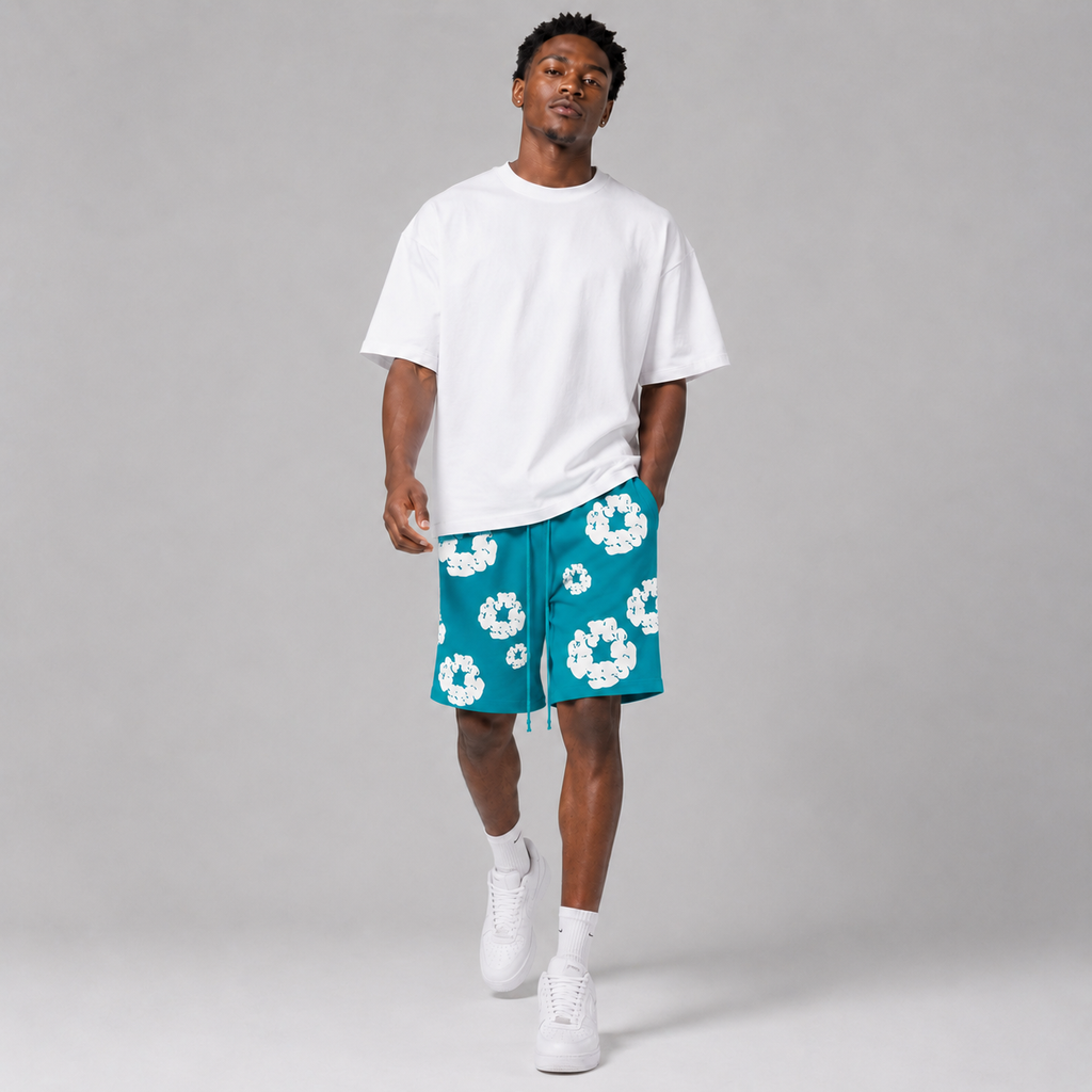 Teal White Puff Floral cotton shorts - detail view