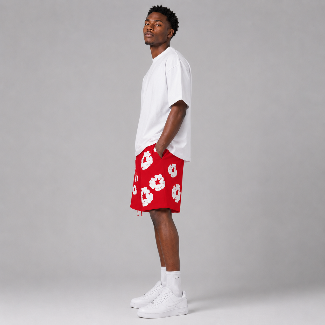 Red White Puff Floral cotton shorts - side view