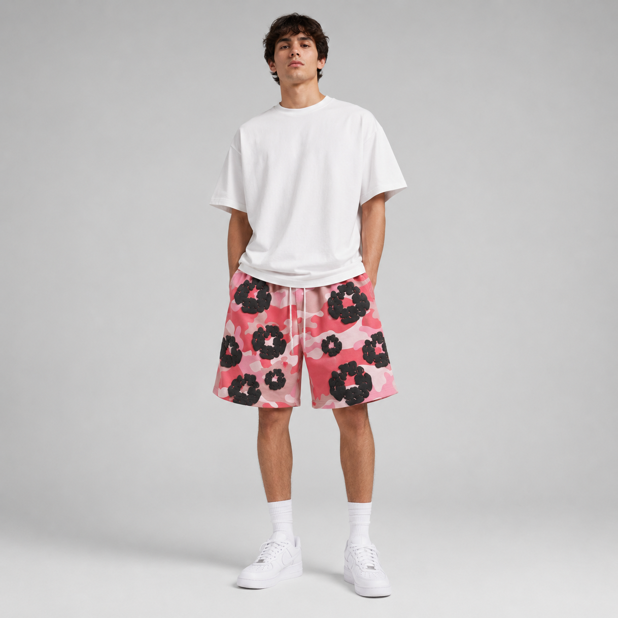 Pink Camo Black Floral cotton shorts - front angle view