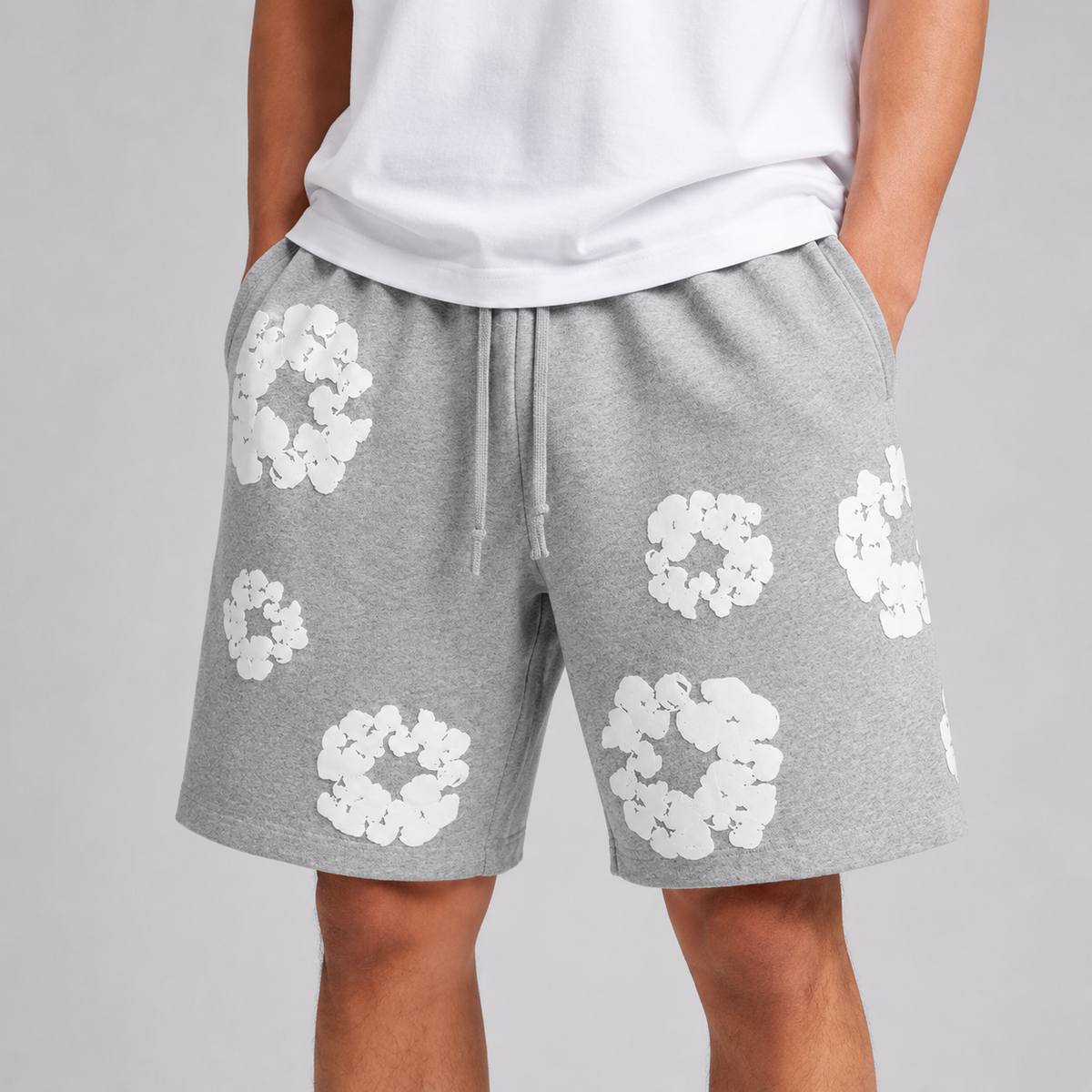 Heather Grey White Puff Floral cotton shorts - detail view
