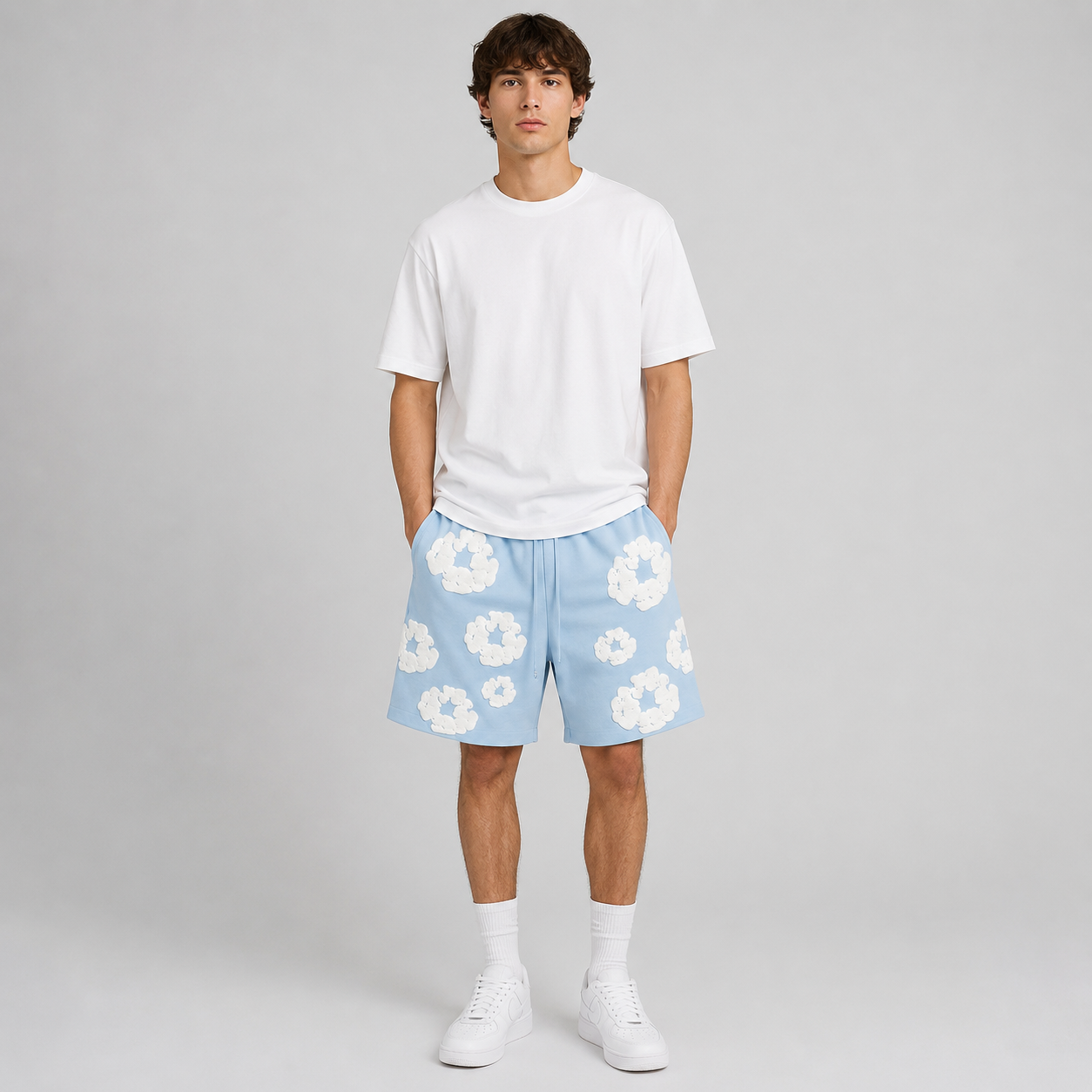 Royal Blue White Puff Floral cotton shorts - front angle view