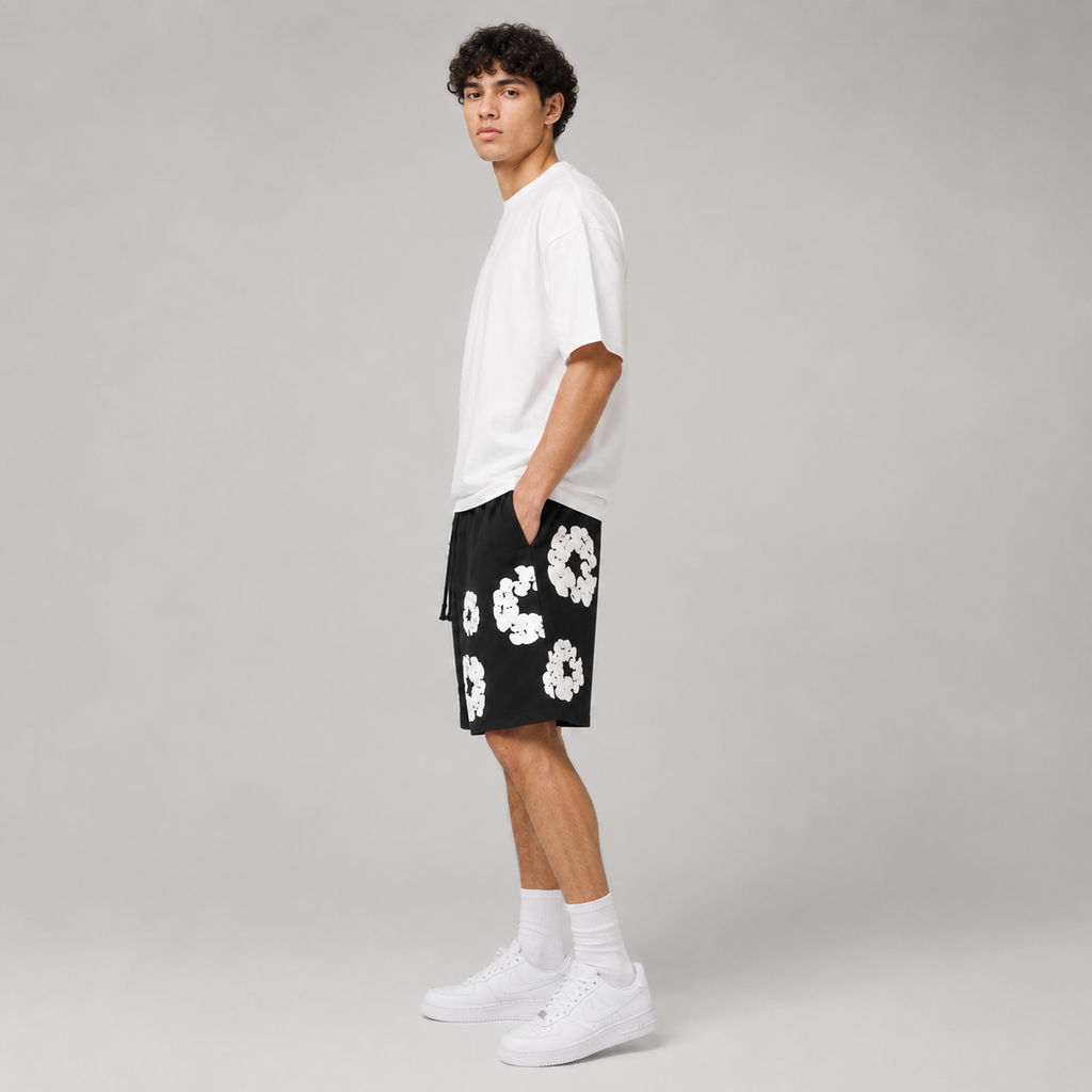 Black White Puff Floral cotton shorts - back angle view