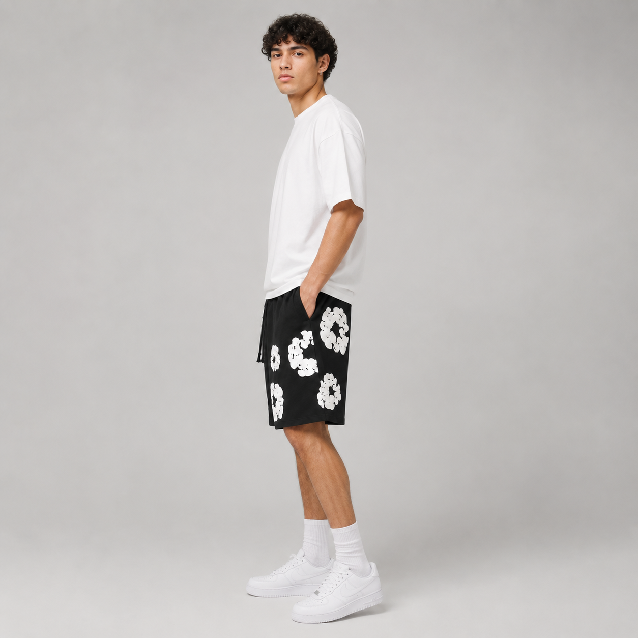 Black White Puff Floral cotton shorts - back angle view