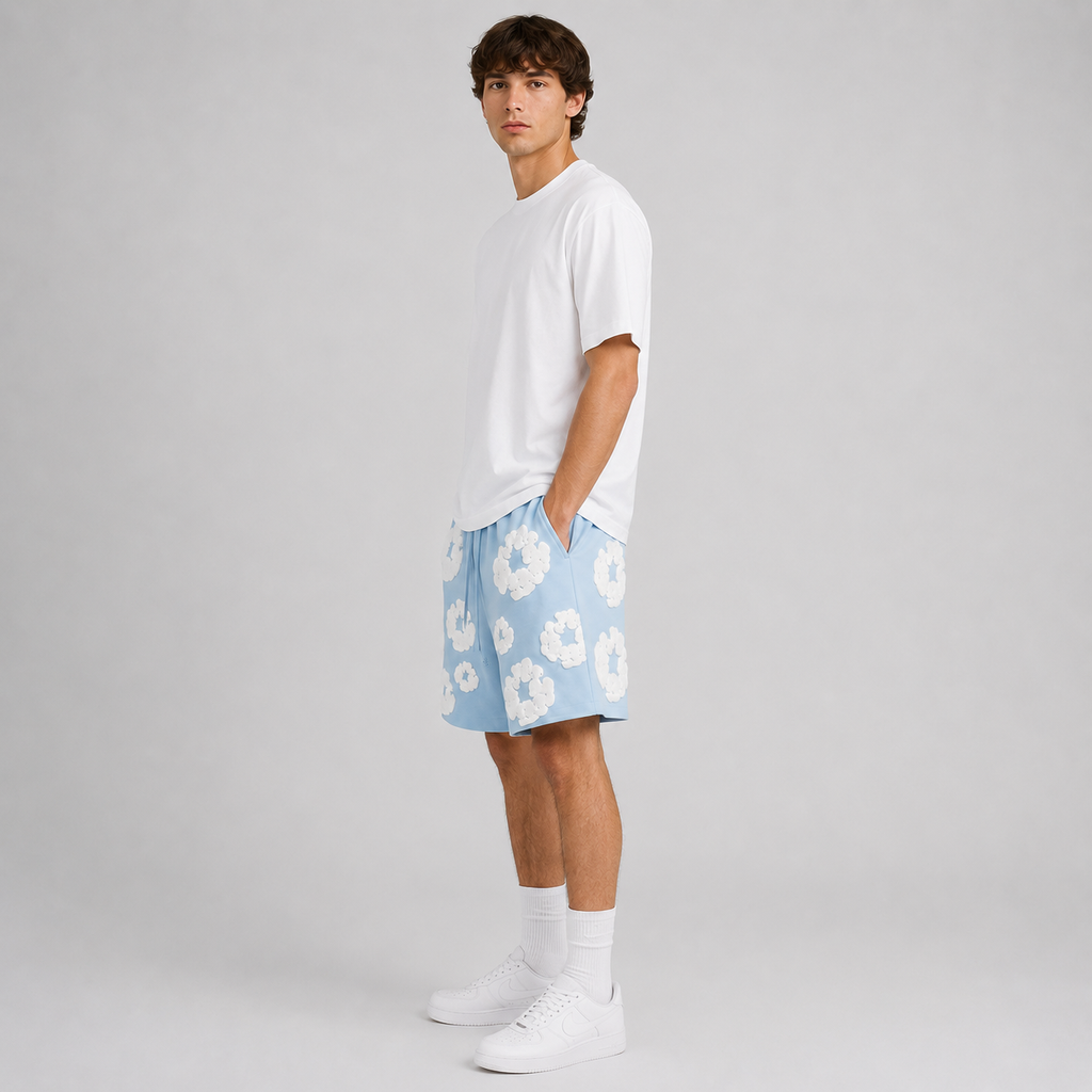 Royal Blue White Puff Floral cotton shorts - back angle view