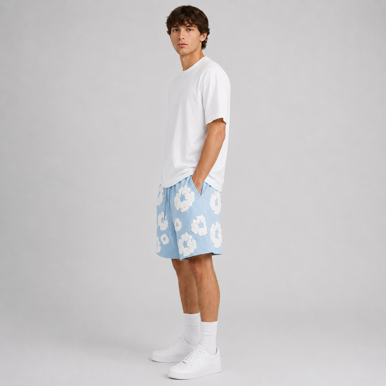 Royal Blue White Puff Floral cotton shorts - back angle view