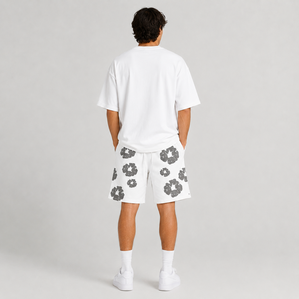White Grey Puff Floral cotton shorts - lifestyle view