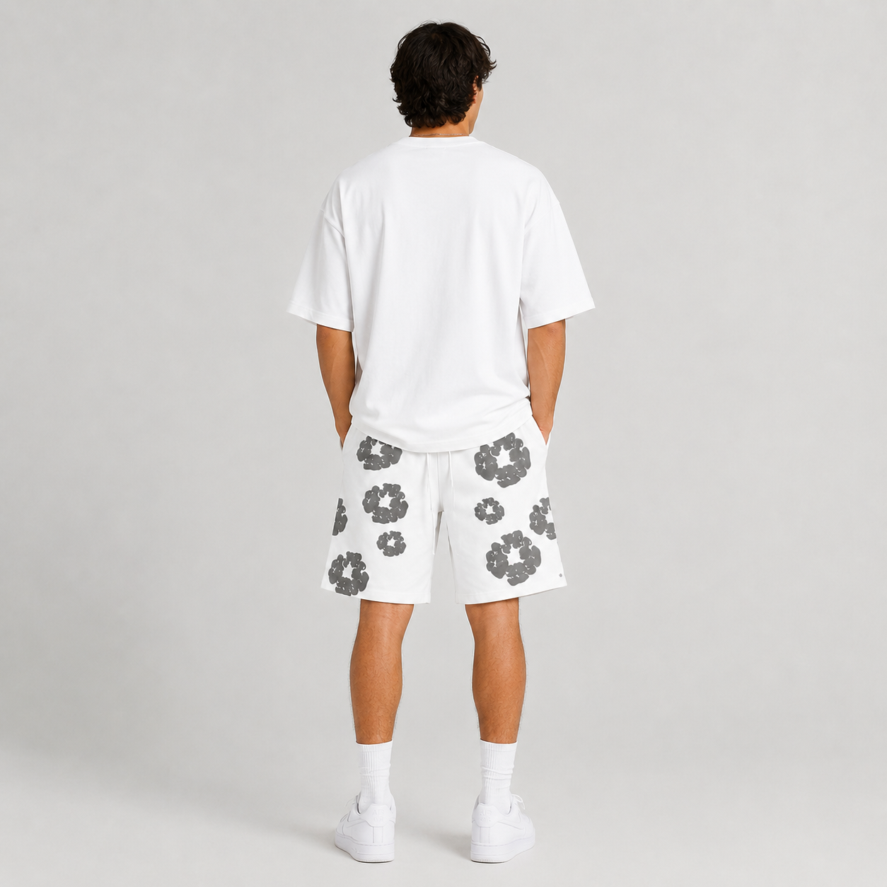 White Grey Puff Floral cotton shorts - lifestyle view