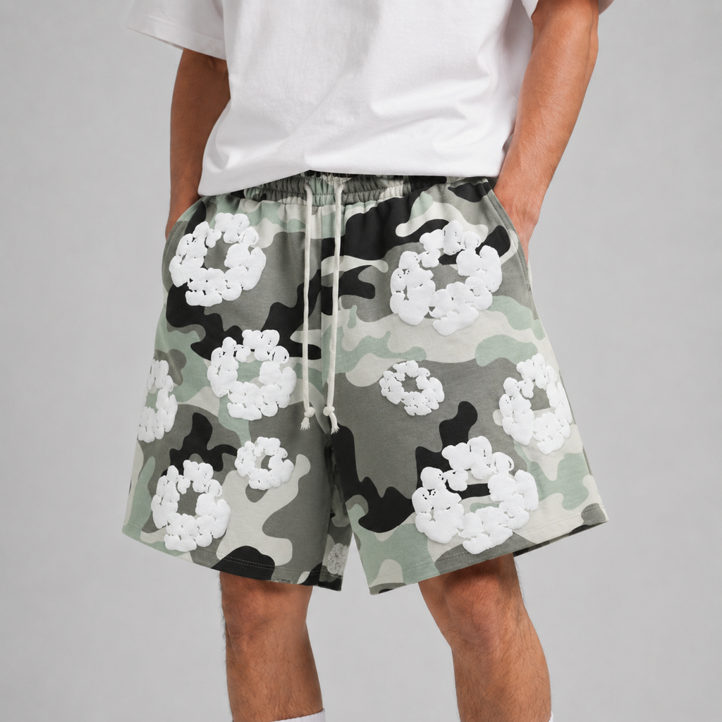 Grey Camo White Floral cotton shorts - detail view