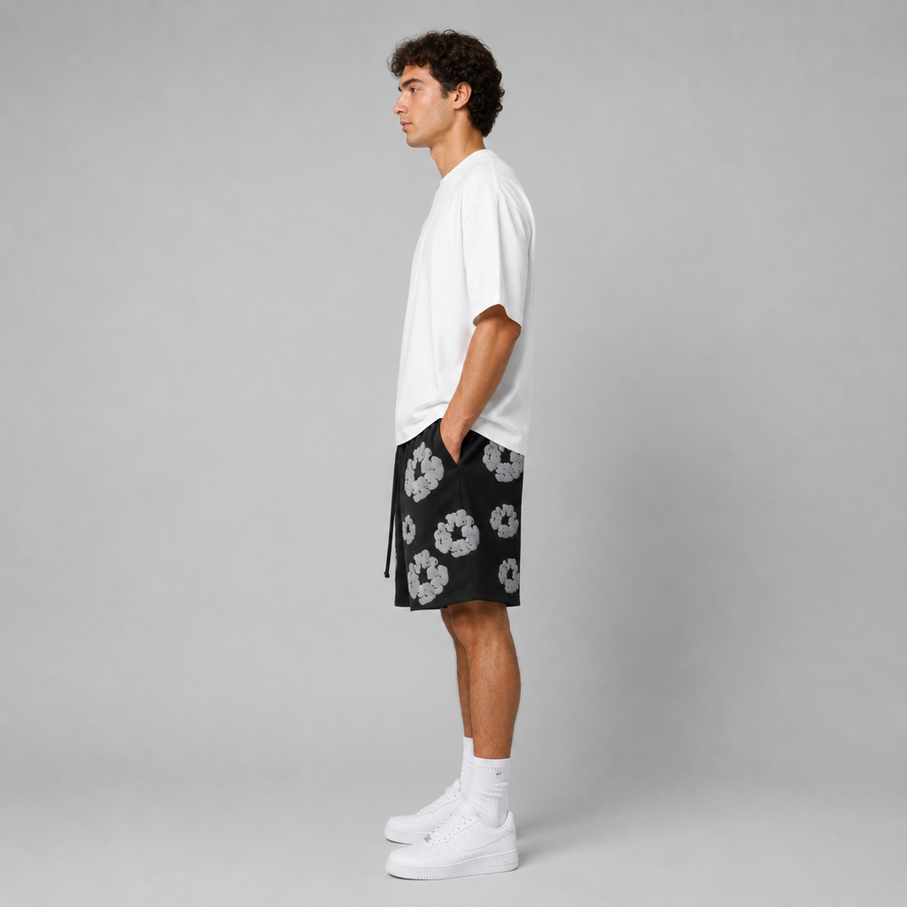 Black Grey Puff Floral cotton shorts - side view