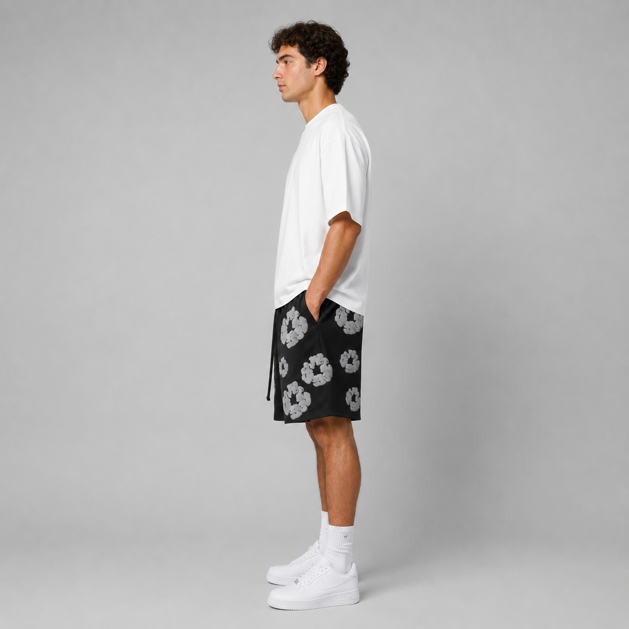 Black Grey Puff Floral cotton shorts - side view