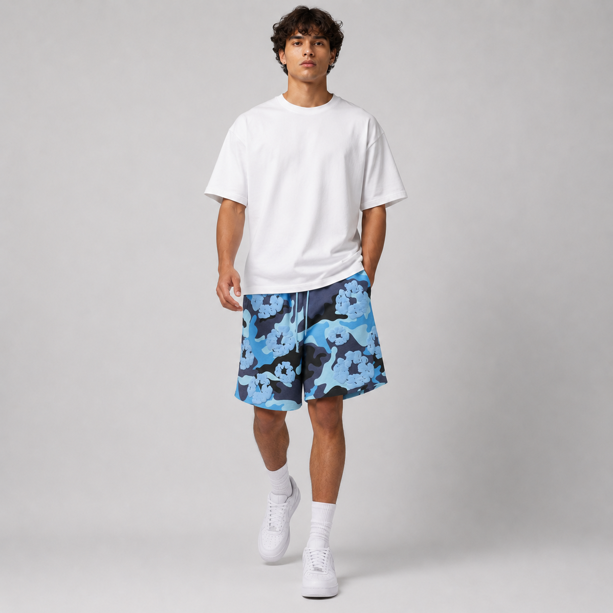 Blue Camo Black Floral cotton shorts - back angle view