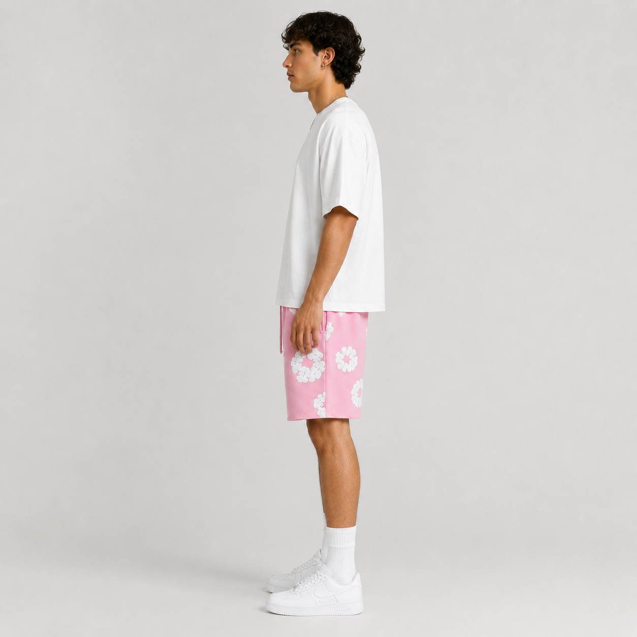 Pink White Puff Floral cotton shorts - back angle view