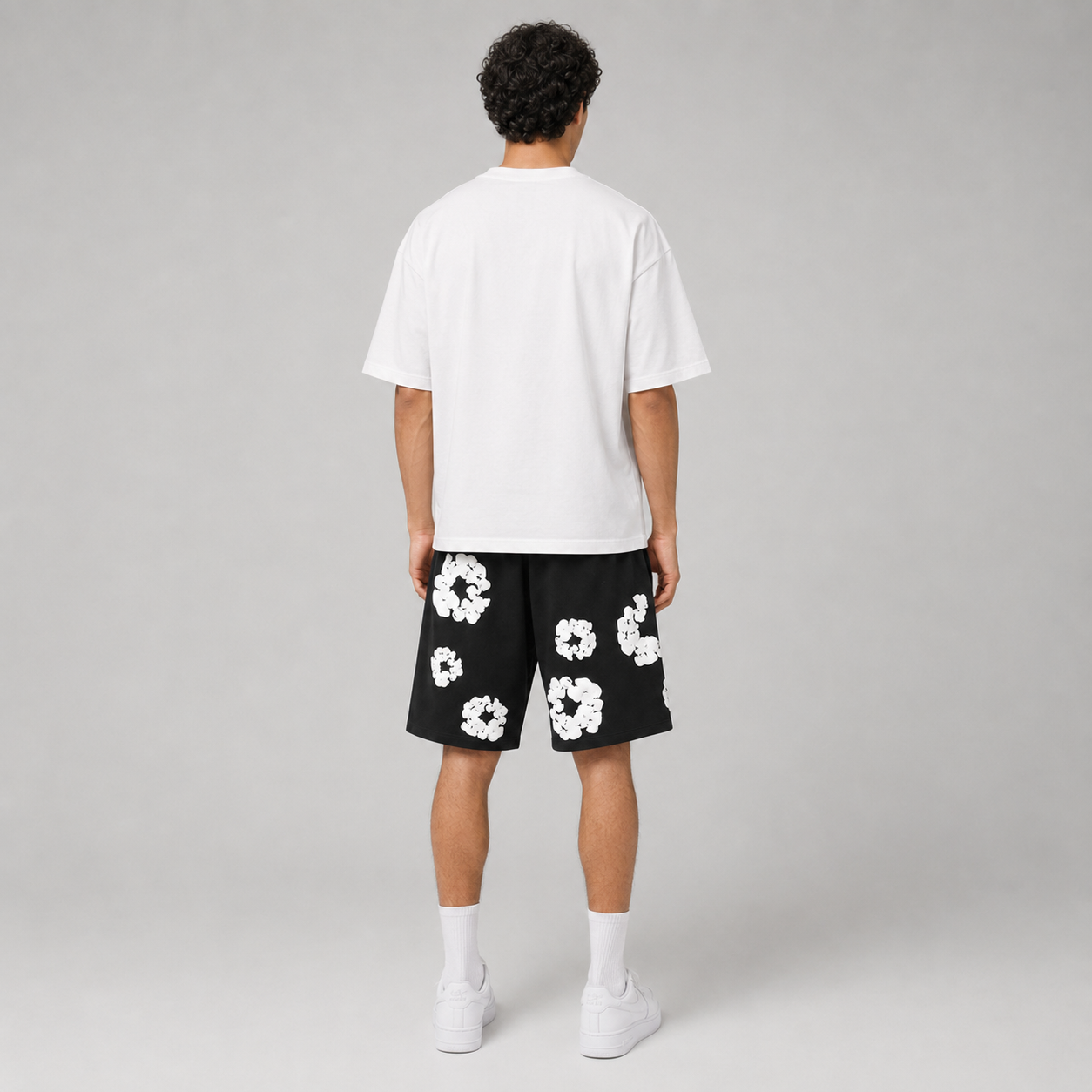 Black White Puff Floral cotton shorts - side view