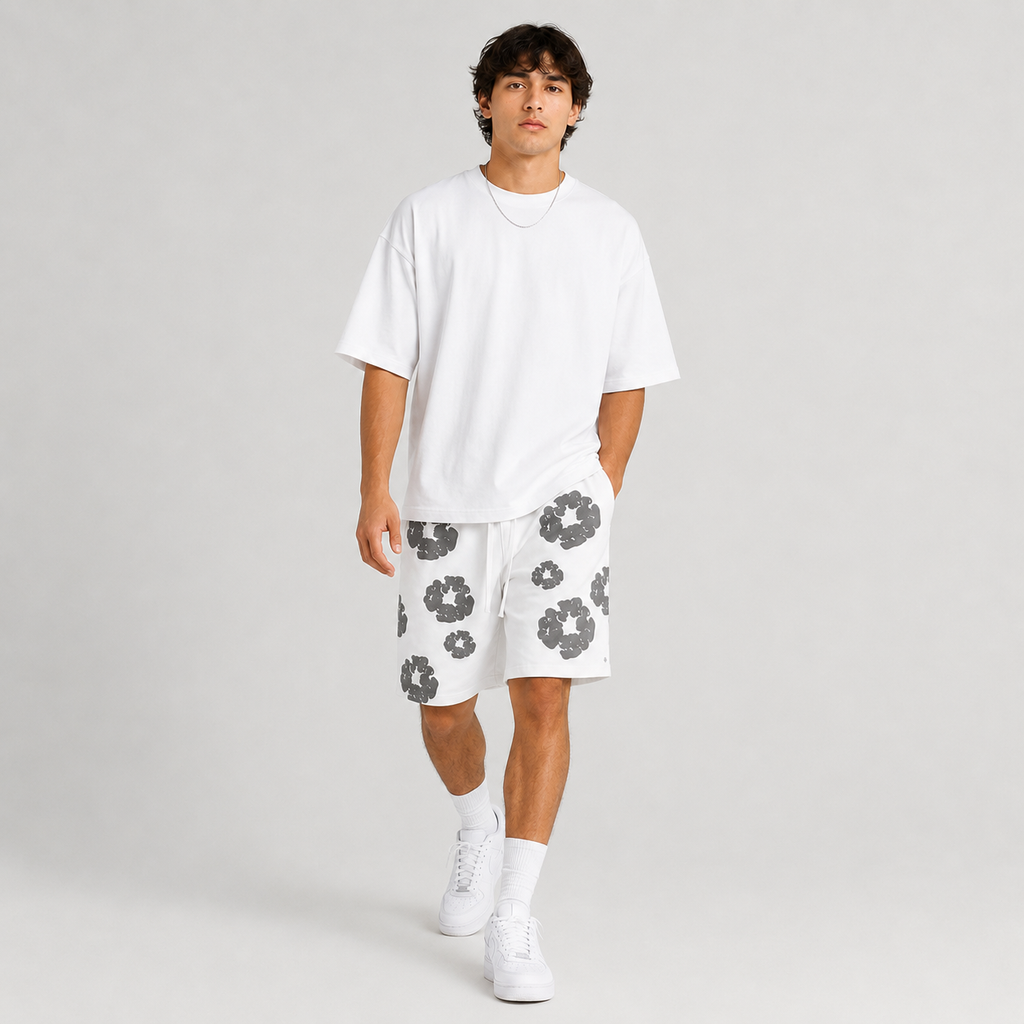 White Grey Puff Floral cotton shorts - detail view