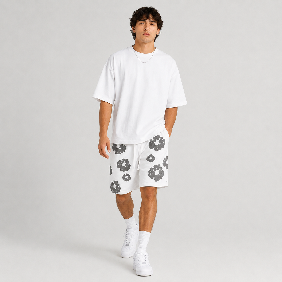 White Grey Puff Floral cotton shorts - detail view