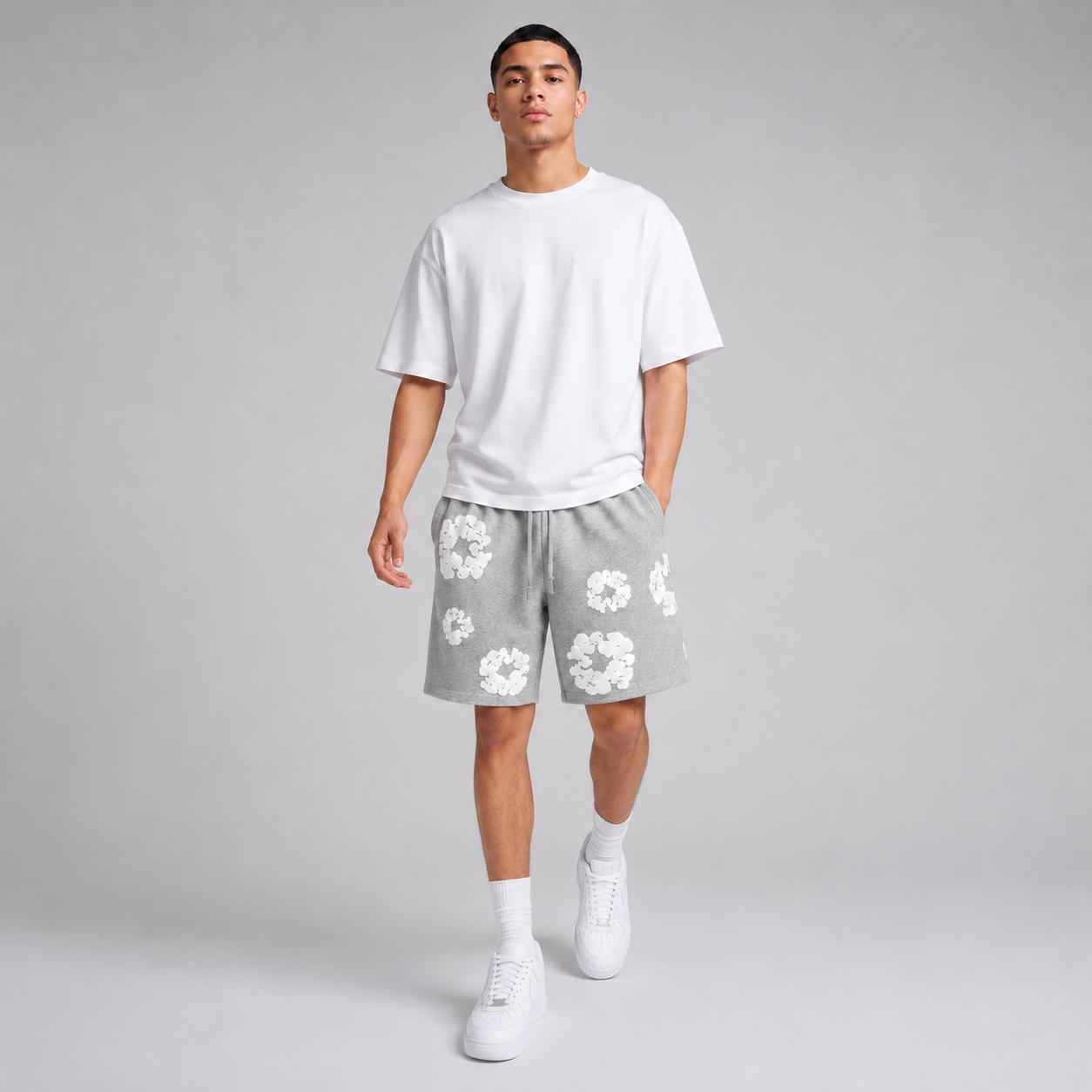Heather Grey White Puff Floral cotton shorts - lifestyle view