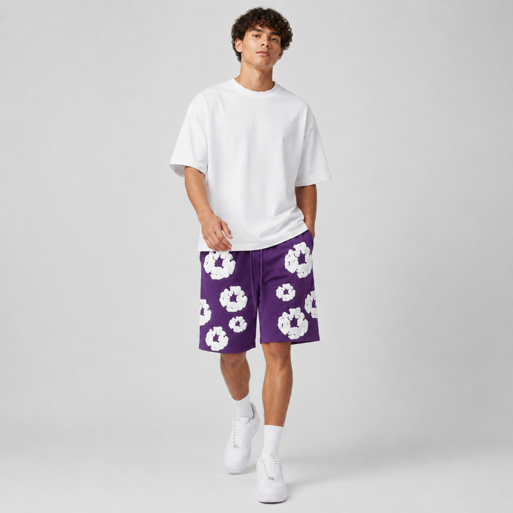 Purple White Floral cotton shorts - detail view