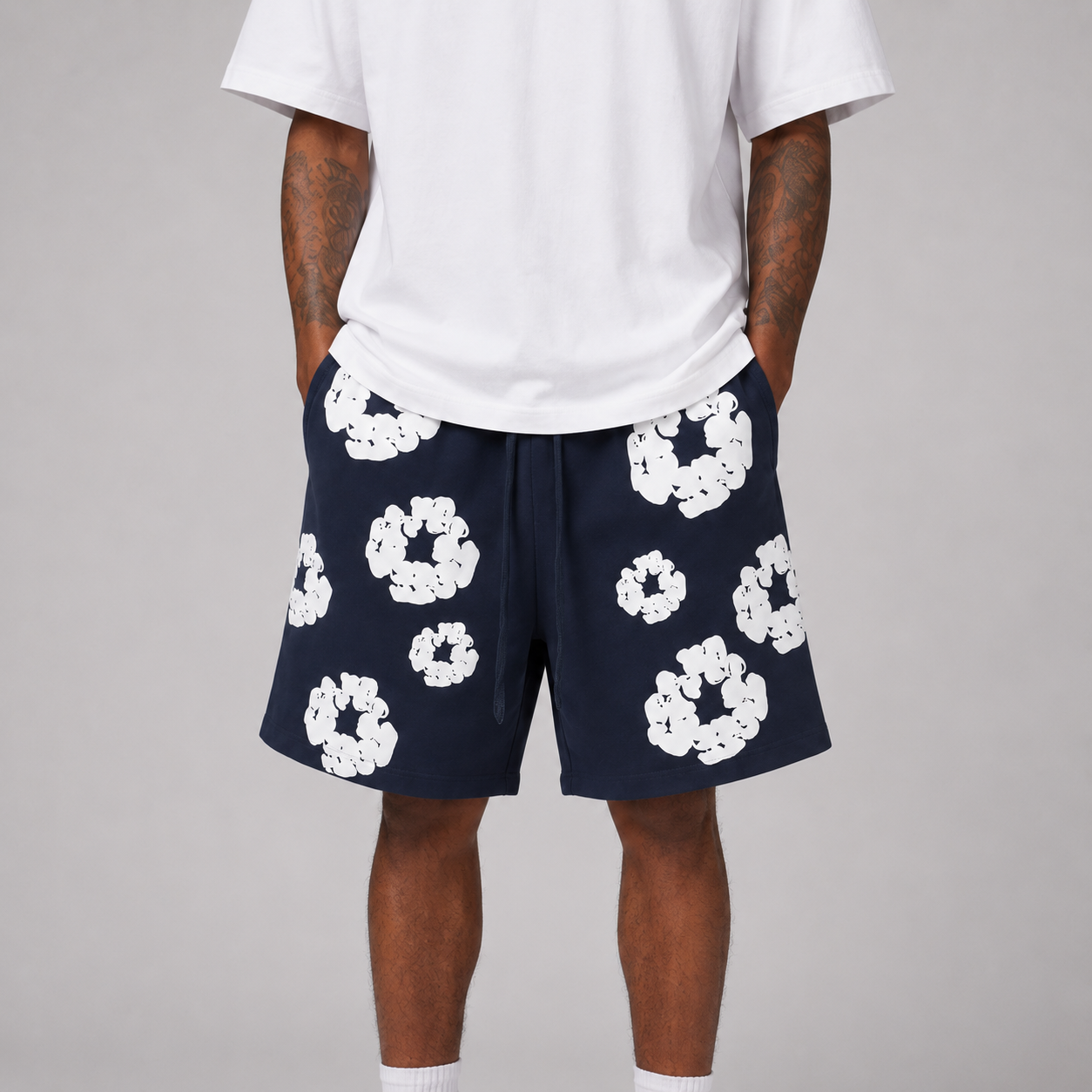 Navy White Puff Floral cotton shorts - back angle view