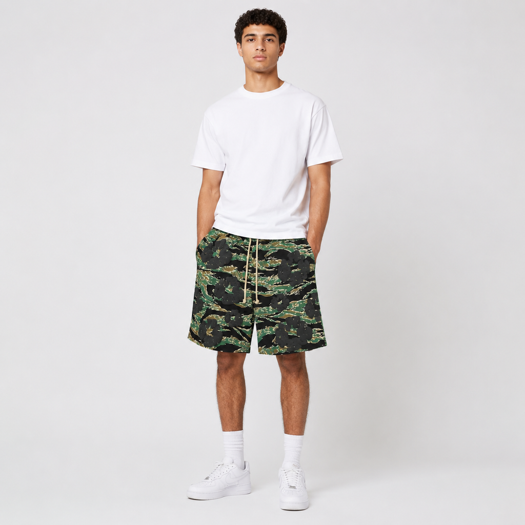 Army Camo Orange Graphic cotton shorts - front angle view