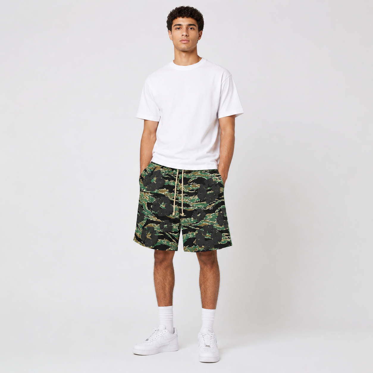 Army Camo Orange Graphic cotton shorts - front angle view