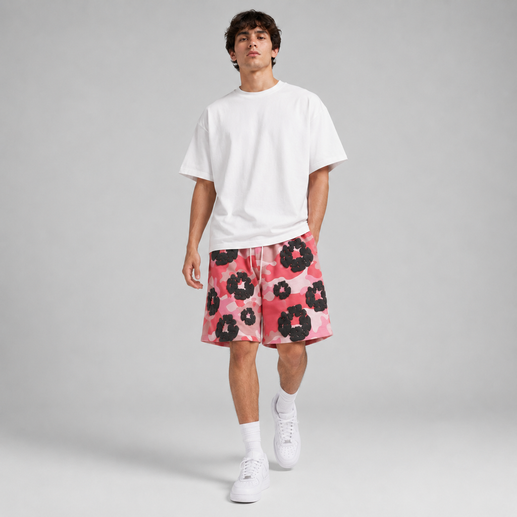 Pink Camo Black Floral cotton shorts - lifestyle view