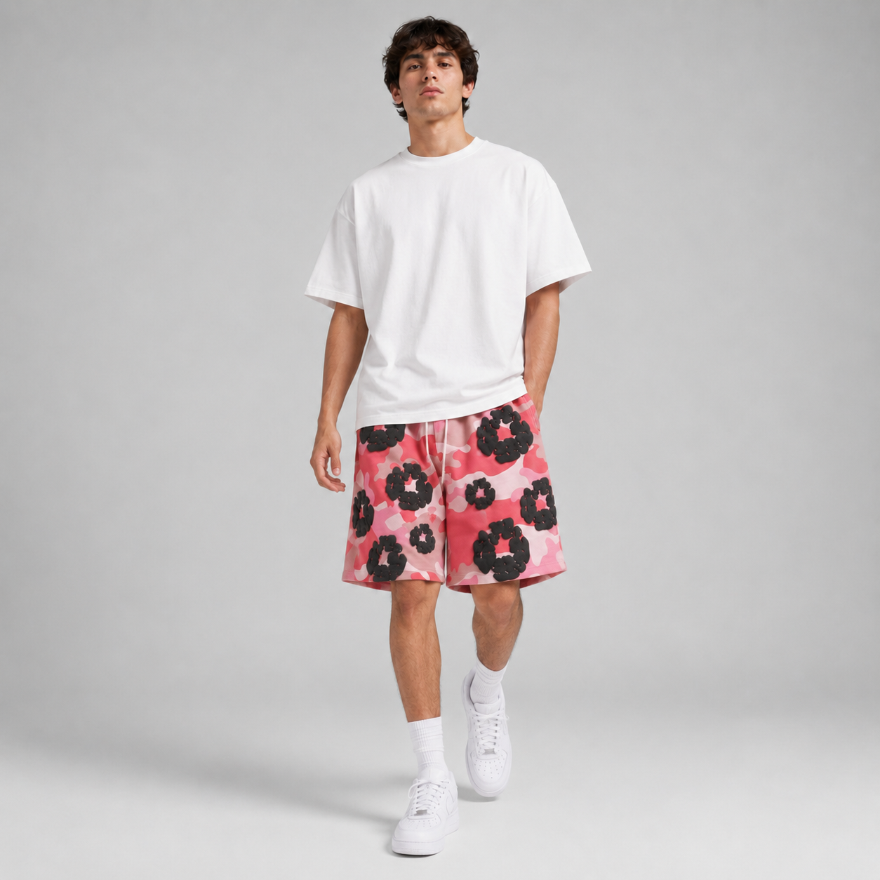 Pink Camo Black Floral cotton shorts - lifestyle view