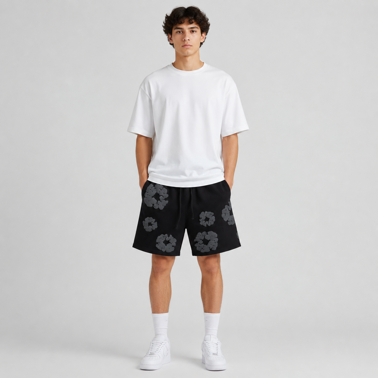 Black Grey Tonal Puff Floral cotton shorts - front angle view