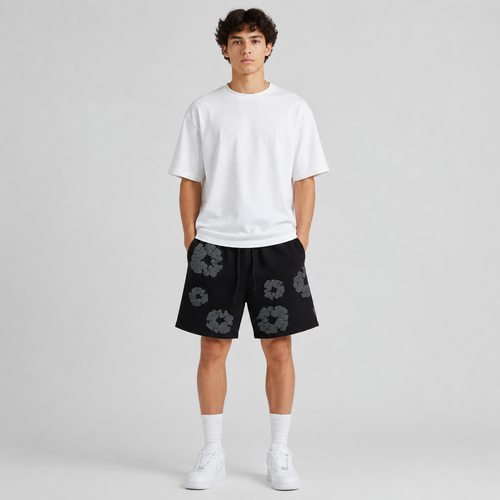 Black Grey Tonal Puff Floral cotton shorts - front angle view