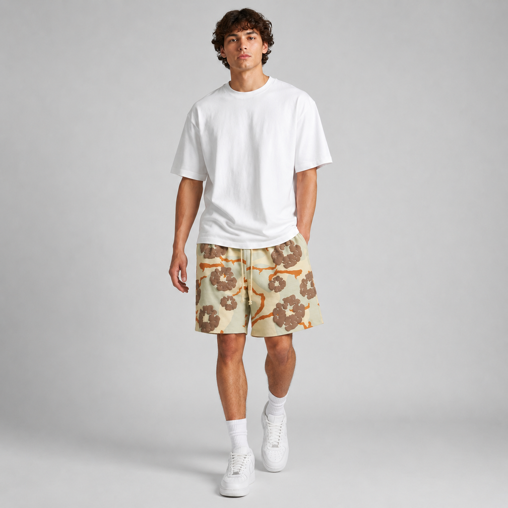 Tan Brown Camo Graphic cotton shorts - detail view
