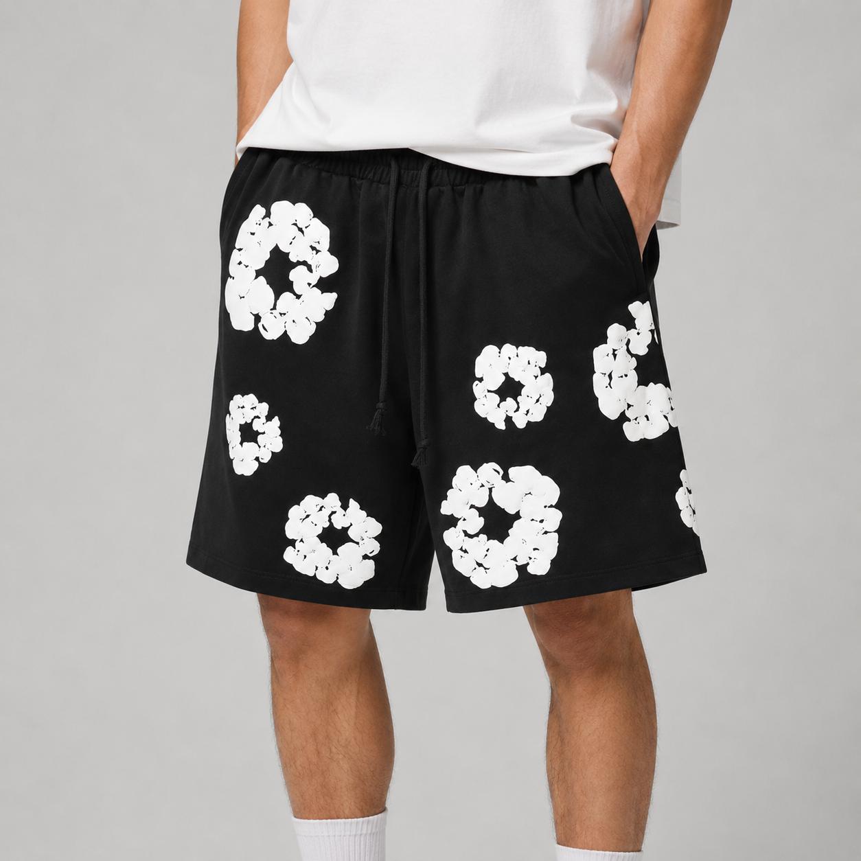 Black White Puff Floral cotton shorts - lifestyle view