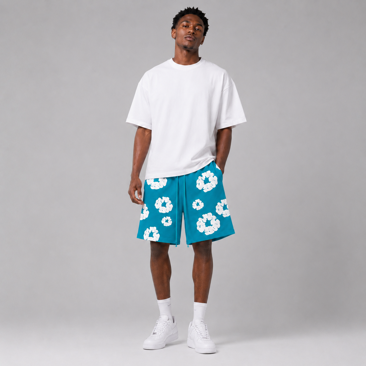 Teal White Puff Floral cotton shorts - front angle view