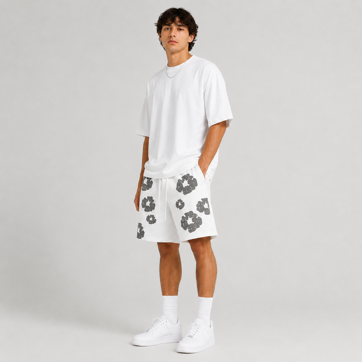 White Grey Puff Floral cotton shorts - detail view