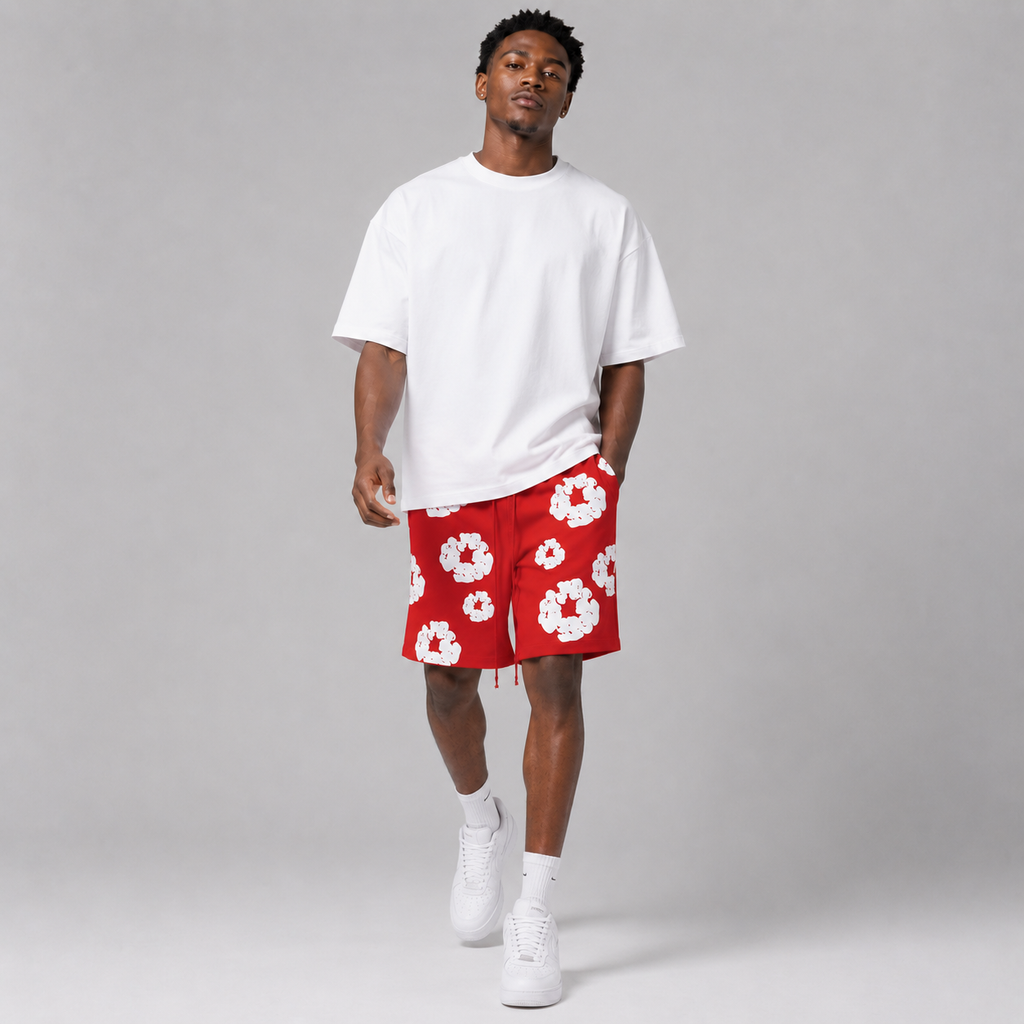 Red White Puff Floral cotton shorts - detail view