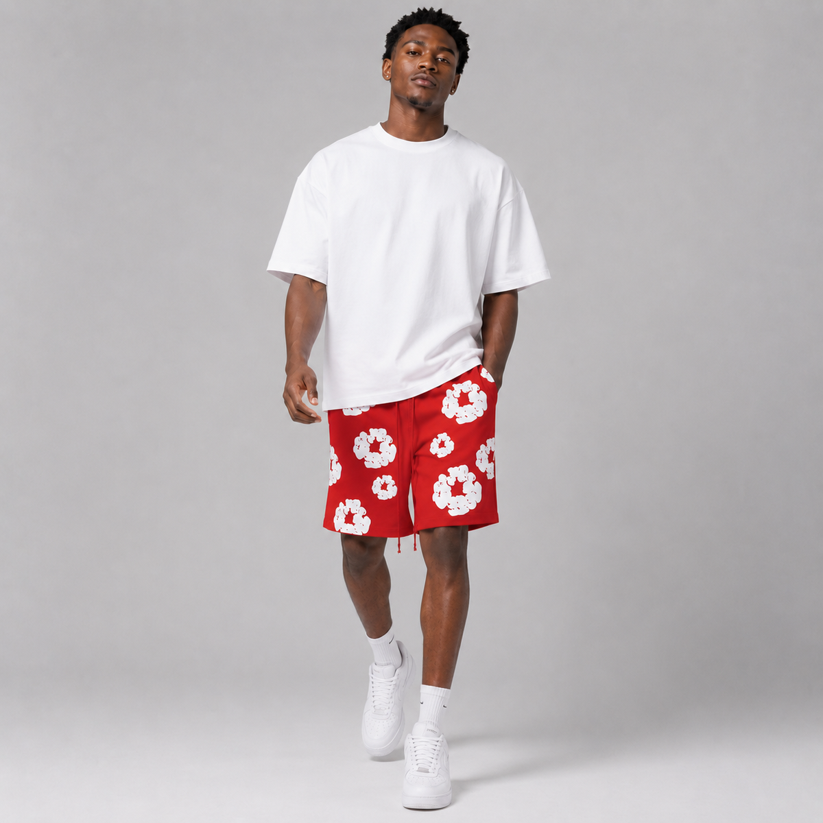 Red White Puff Floral cotton shorts - detail view