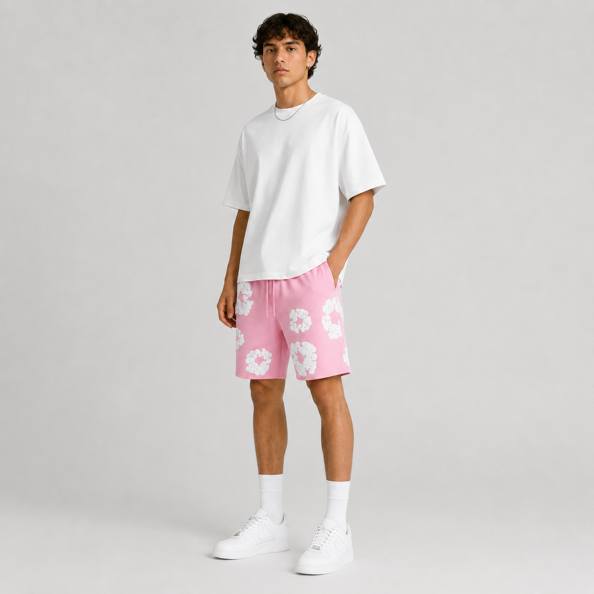 Pink White Puff Floral cotton shorts - detail view