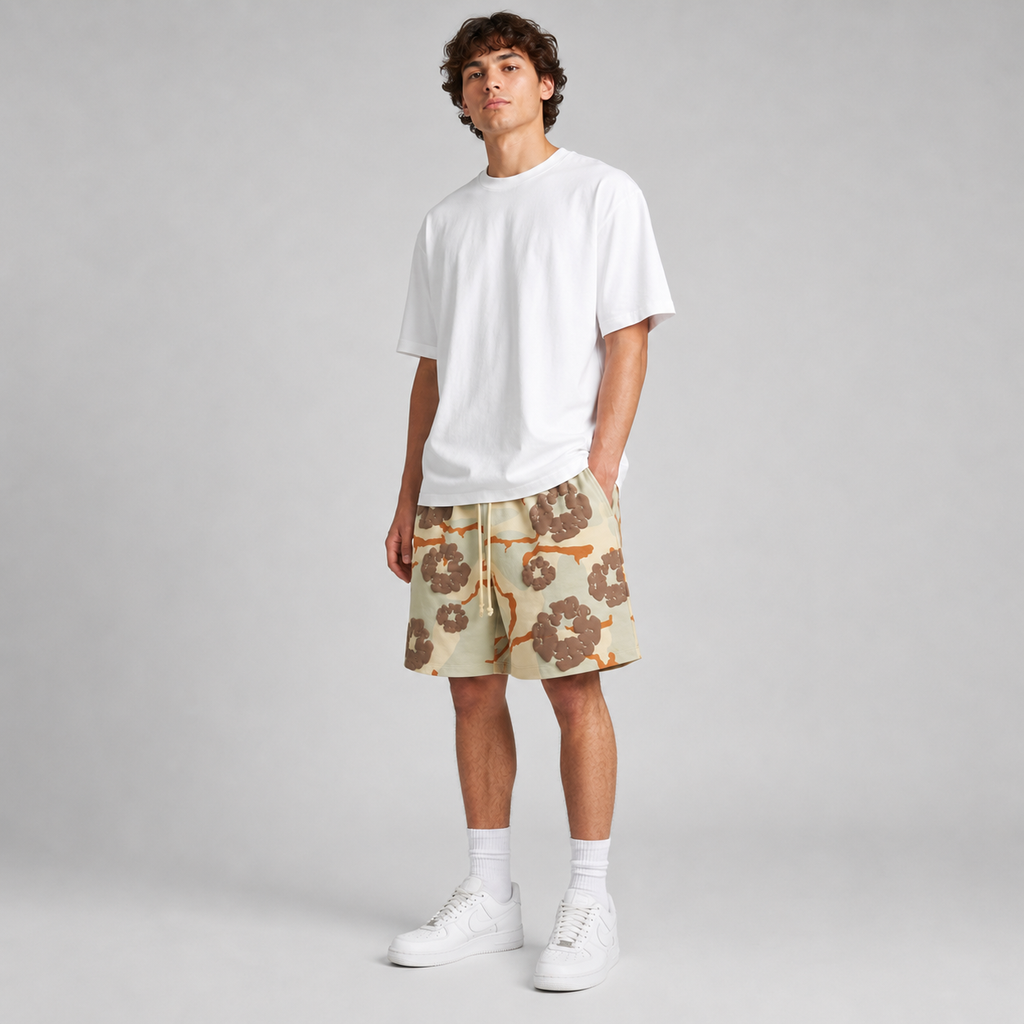 Tan Brown Camo Graphic cotton shorts - detail view