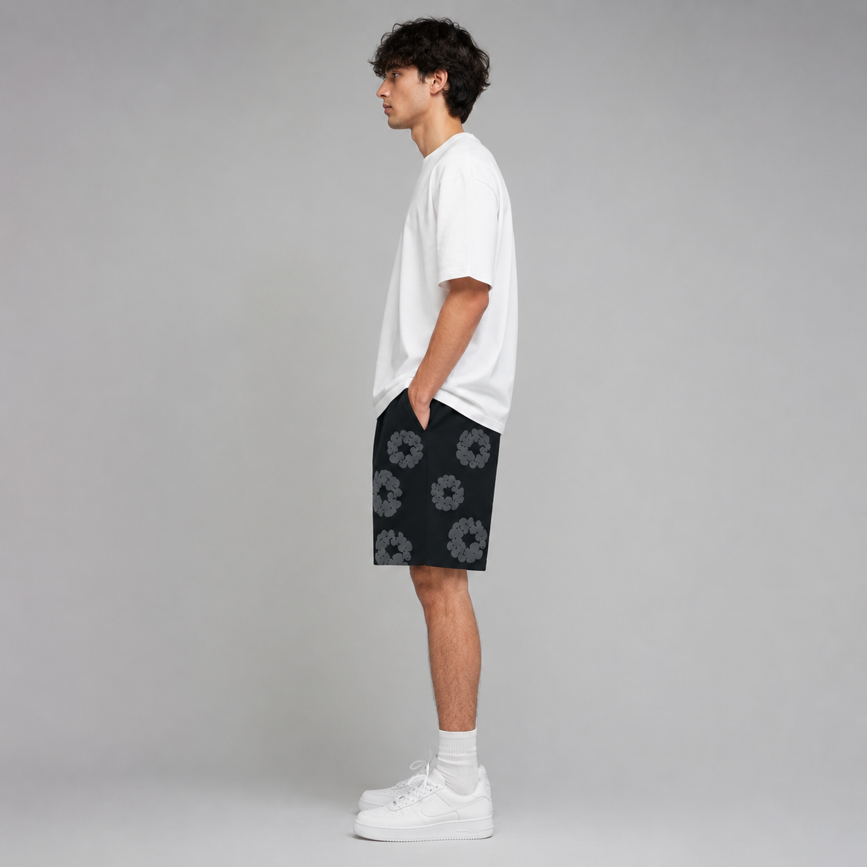 Black Grey Tonal Puff Floral cotton shorts - back angle view