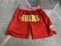 Red San Francisco 49ers premium basketball shorts, full front view