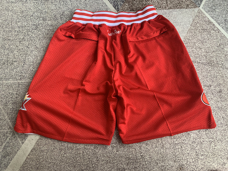 Red San Francisco 49ers premium basketball shorts, full back view