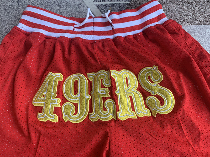 Red San Francisco 49ers premium basketball shorts, graphic detail