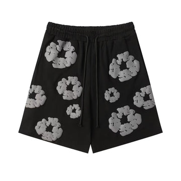 Black Grey Puff Floral cotton shorts - front product view