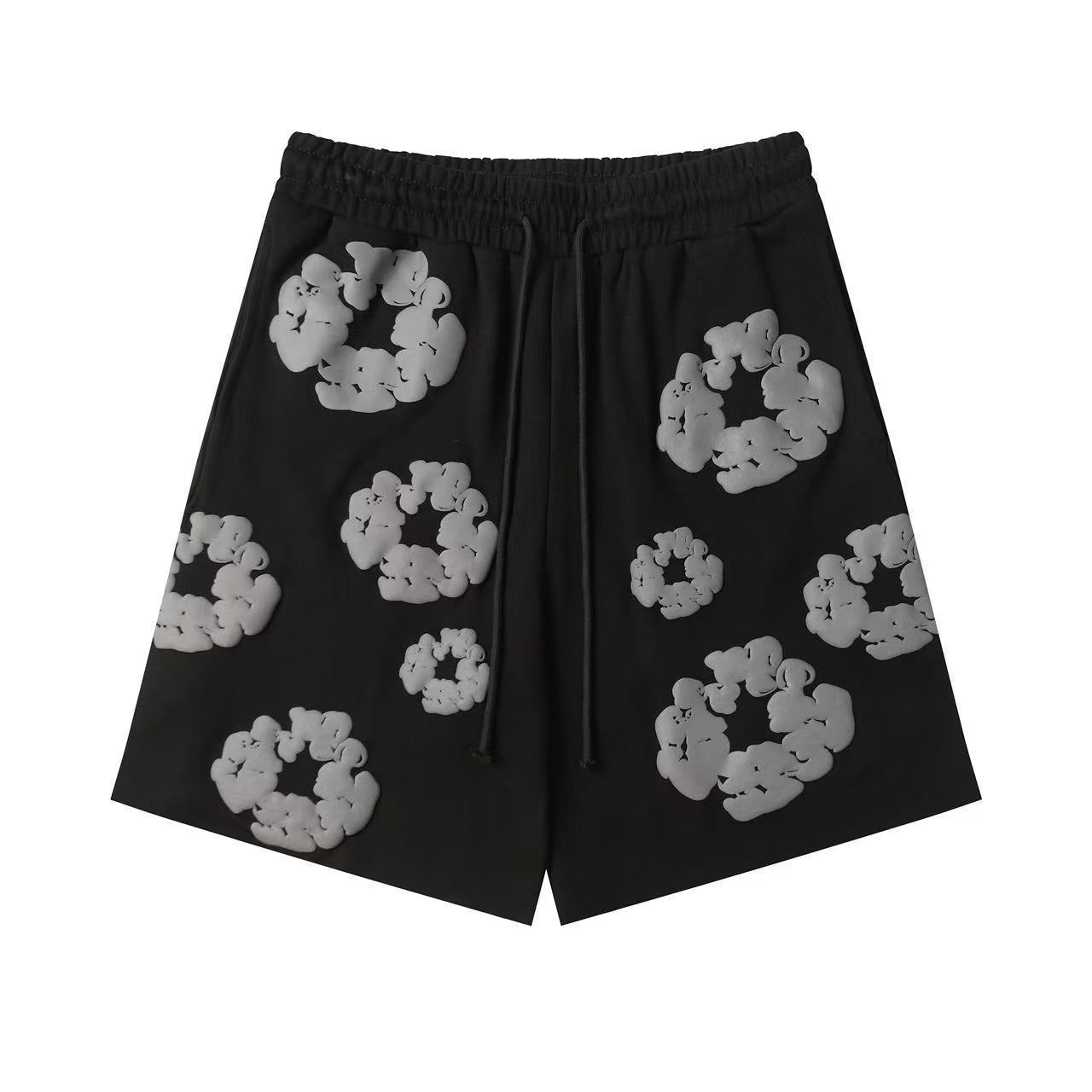 Black Grey Puff Floral cotton shorts - front product view