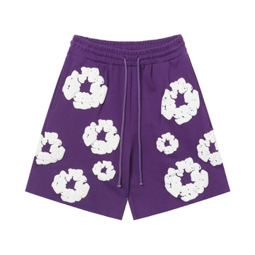 Purple White Floral cotton shorts - front product view