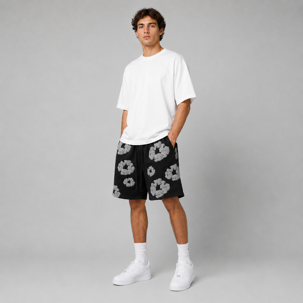 Black Grey Puff Floral cotton shorts - detail view