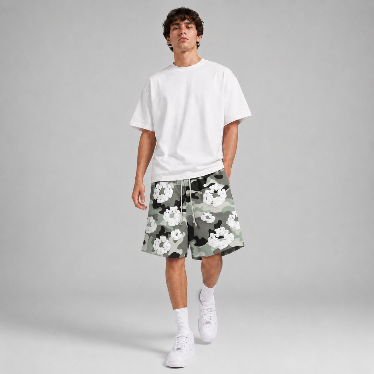 Grey Camo White Floral cotton shorts - lifestyle view